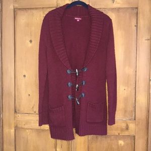 deep red cardigan with button detail